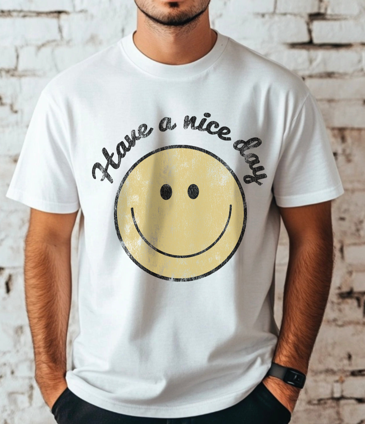 White mens tshirt that says "Have a nice day" with a smiling face