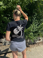 Black tee shirt with a white palm tree graphic