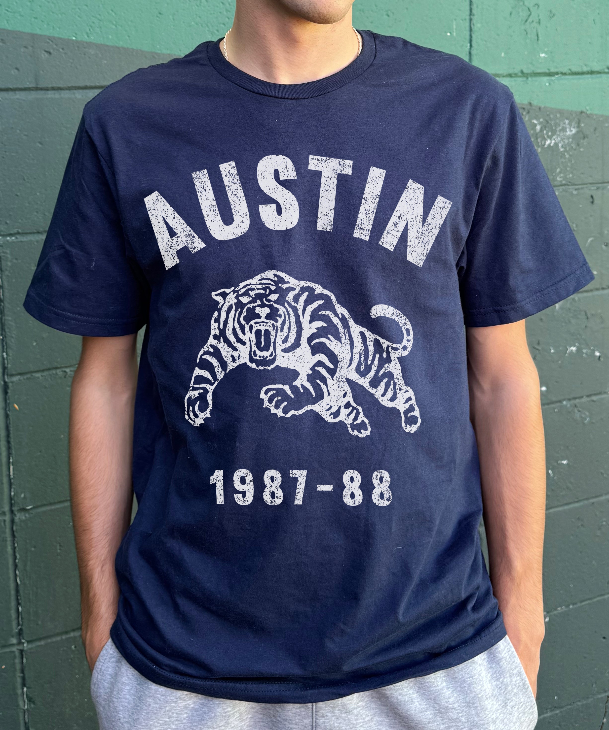Blue "Austin 1987-88" Tiger T-shirt with white text for boys