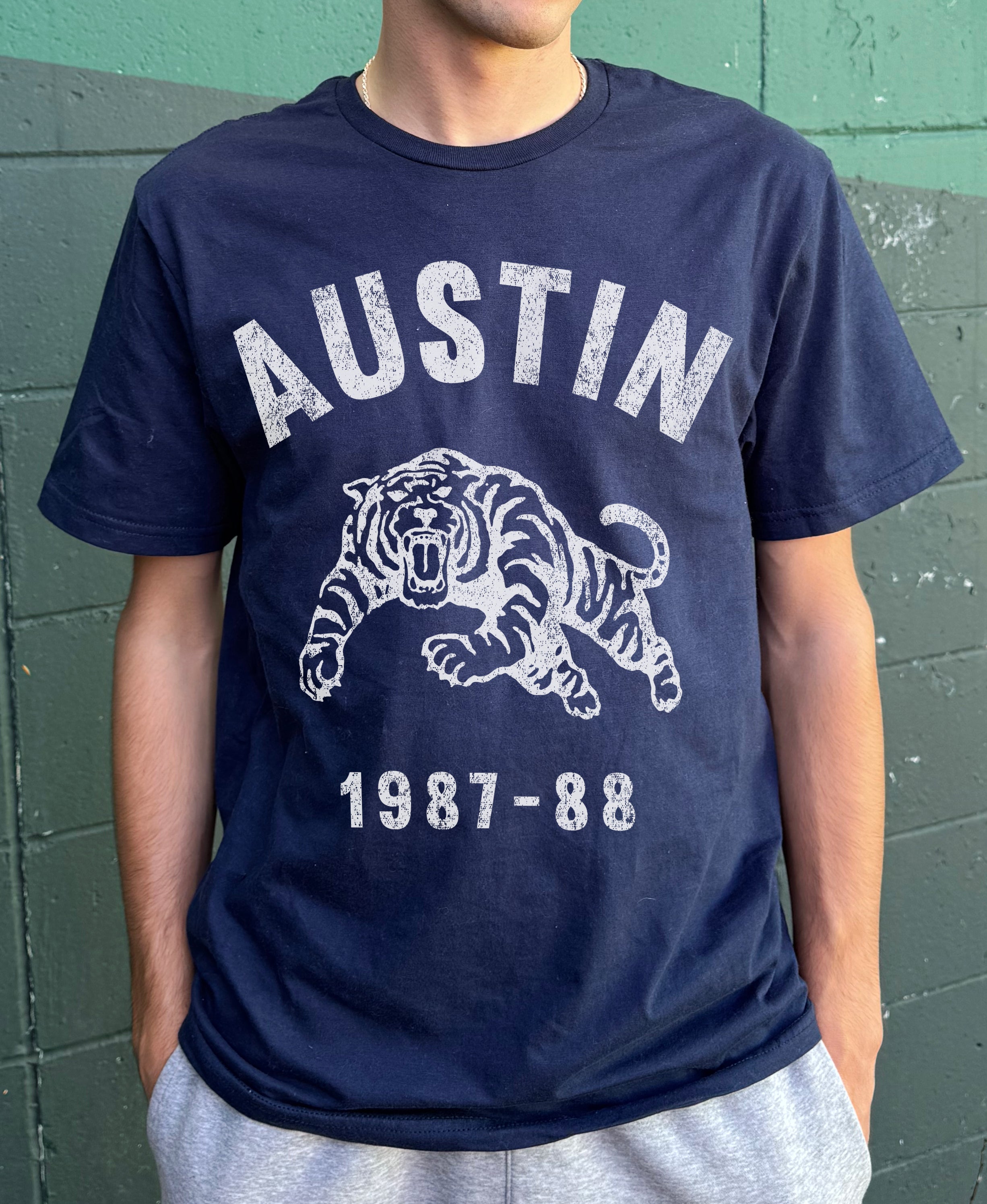 Blue "Austin 1987-88" Tiger T-shirt with white text for boys