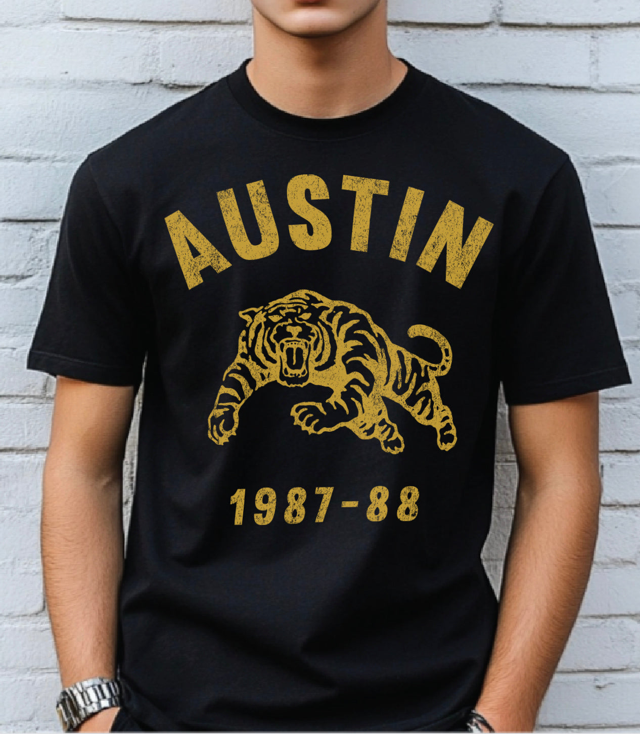 Black "Austin 1987-88" Tiger T-shirt with gold text for boys