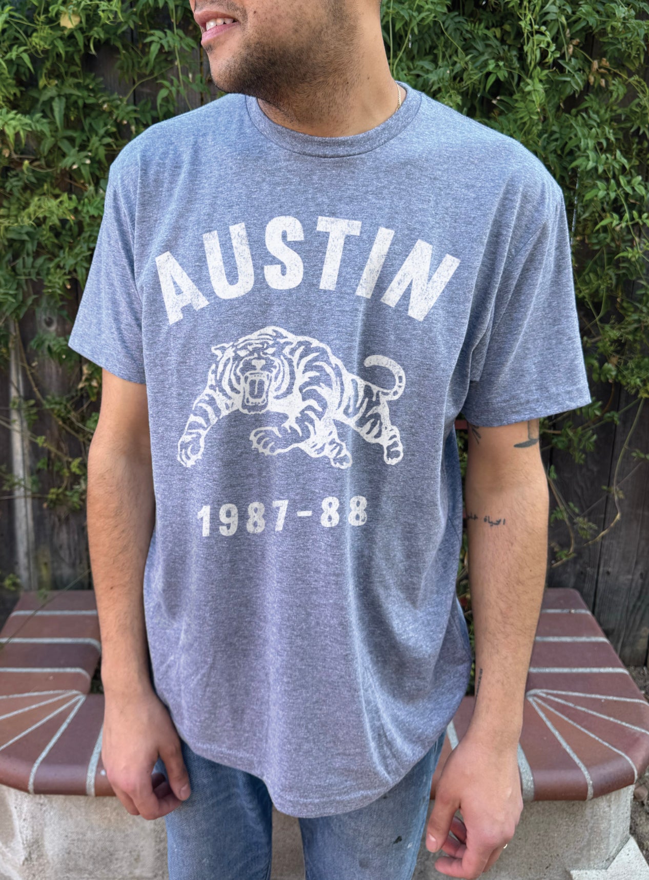 Heather "Austin 1987-88" Tiger T-shirt with white text for boys