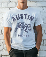 White "Austin 1987-88" Tiger T-shirt with blue text for boys