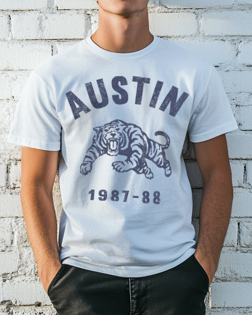 White "Austin 1987-88" Tiger T-shirt with blue text for boys
