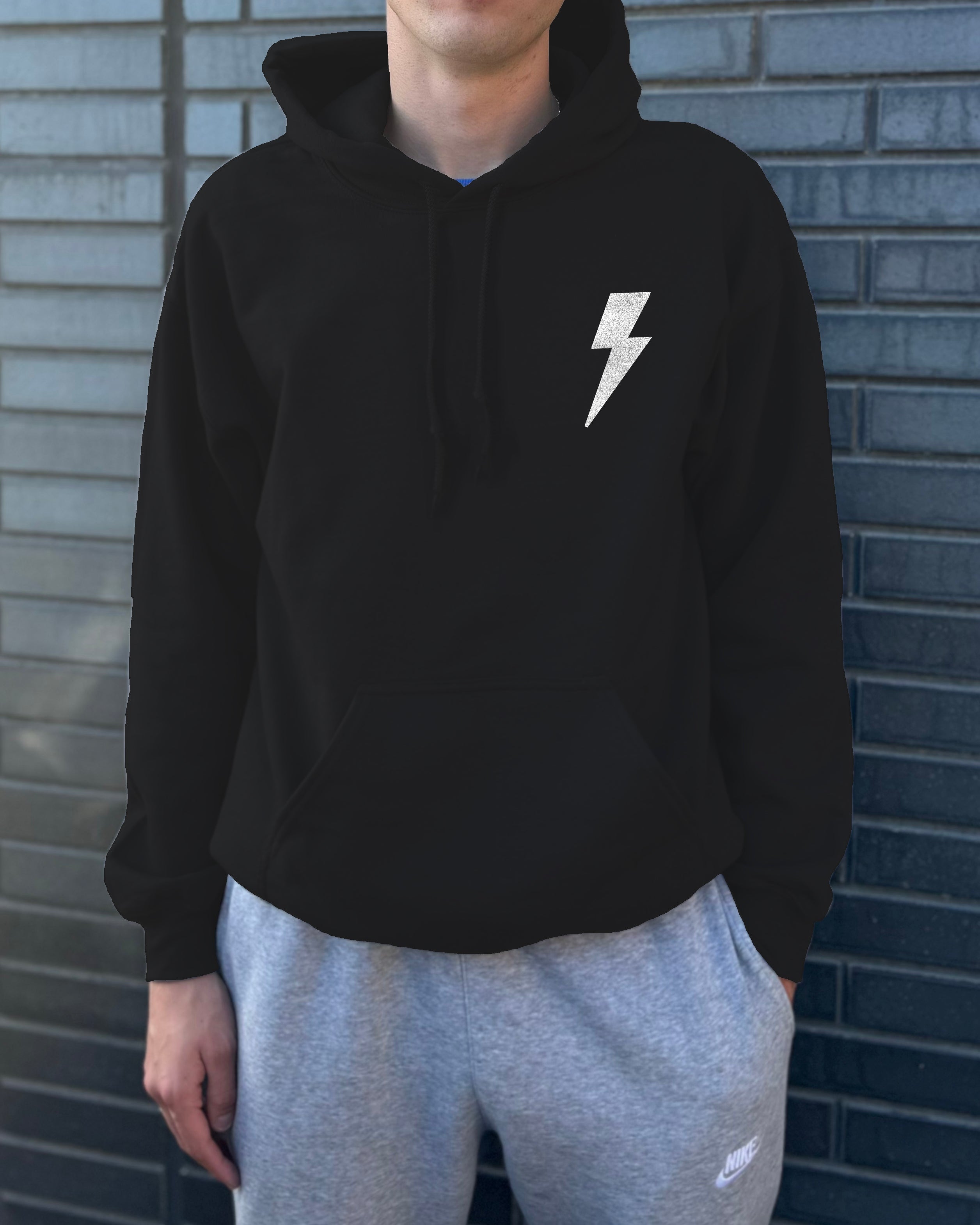 Black hoodie with white lightning bolt for men