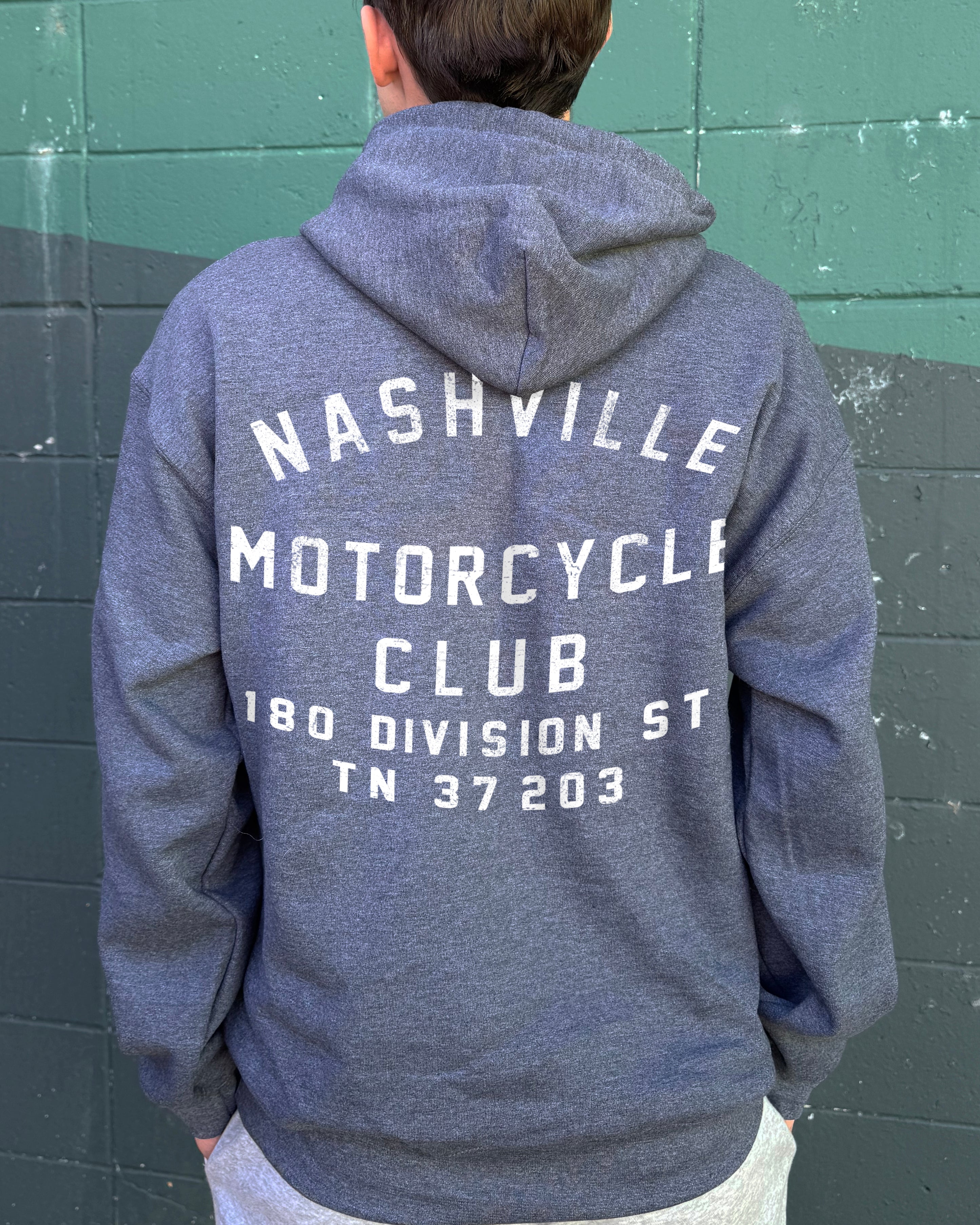 Gray hoodie with Nashville Motorcycle club text for men