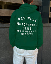 Royal green hoodie with white Nashville Motorcycle Club text for men