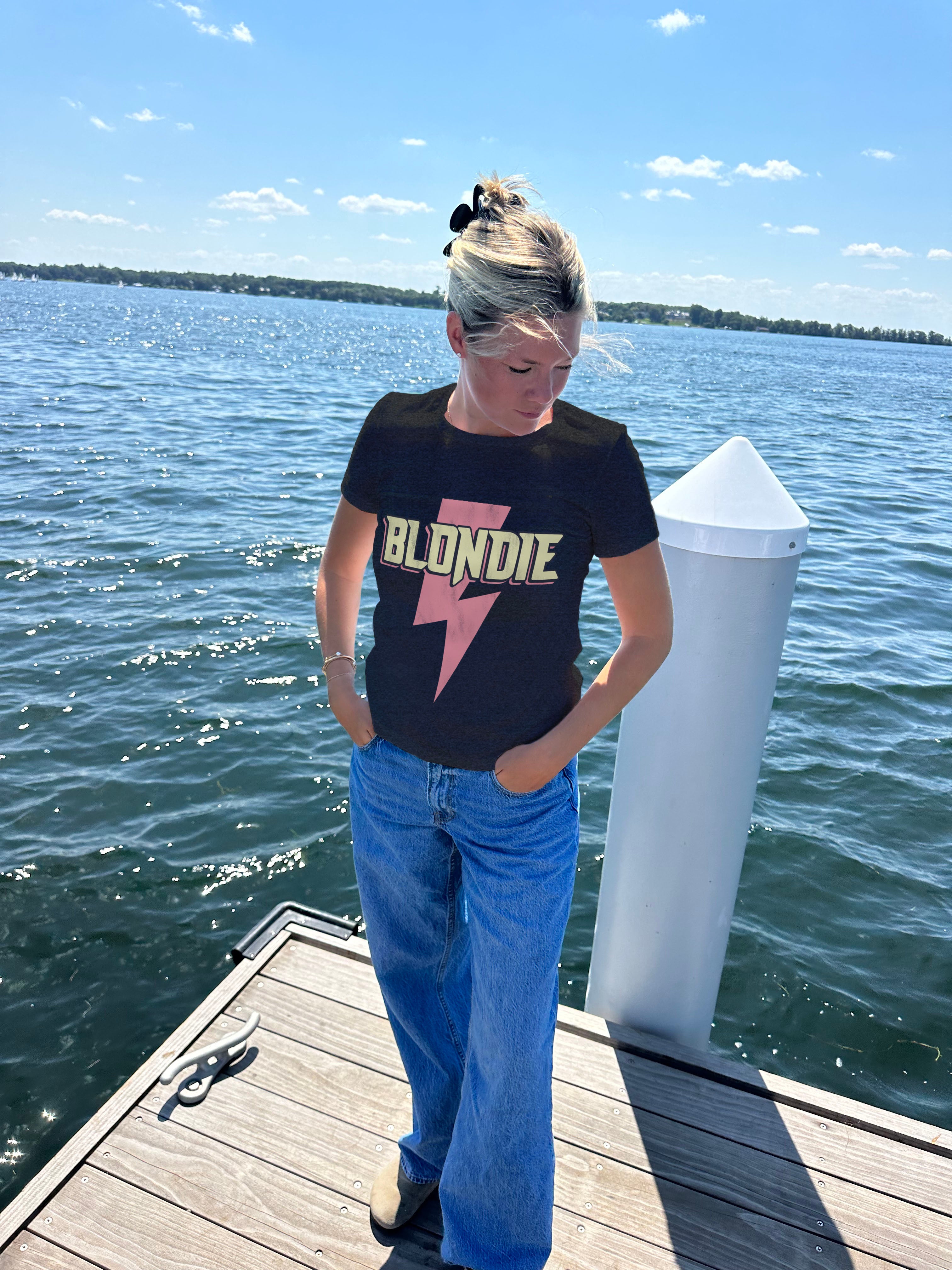 Black "Blondie" Tee shirt for Women with pink lightning bolt and yellow text that says "Blondie"