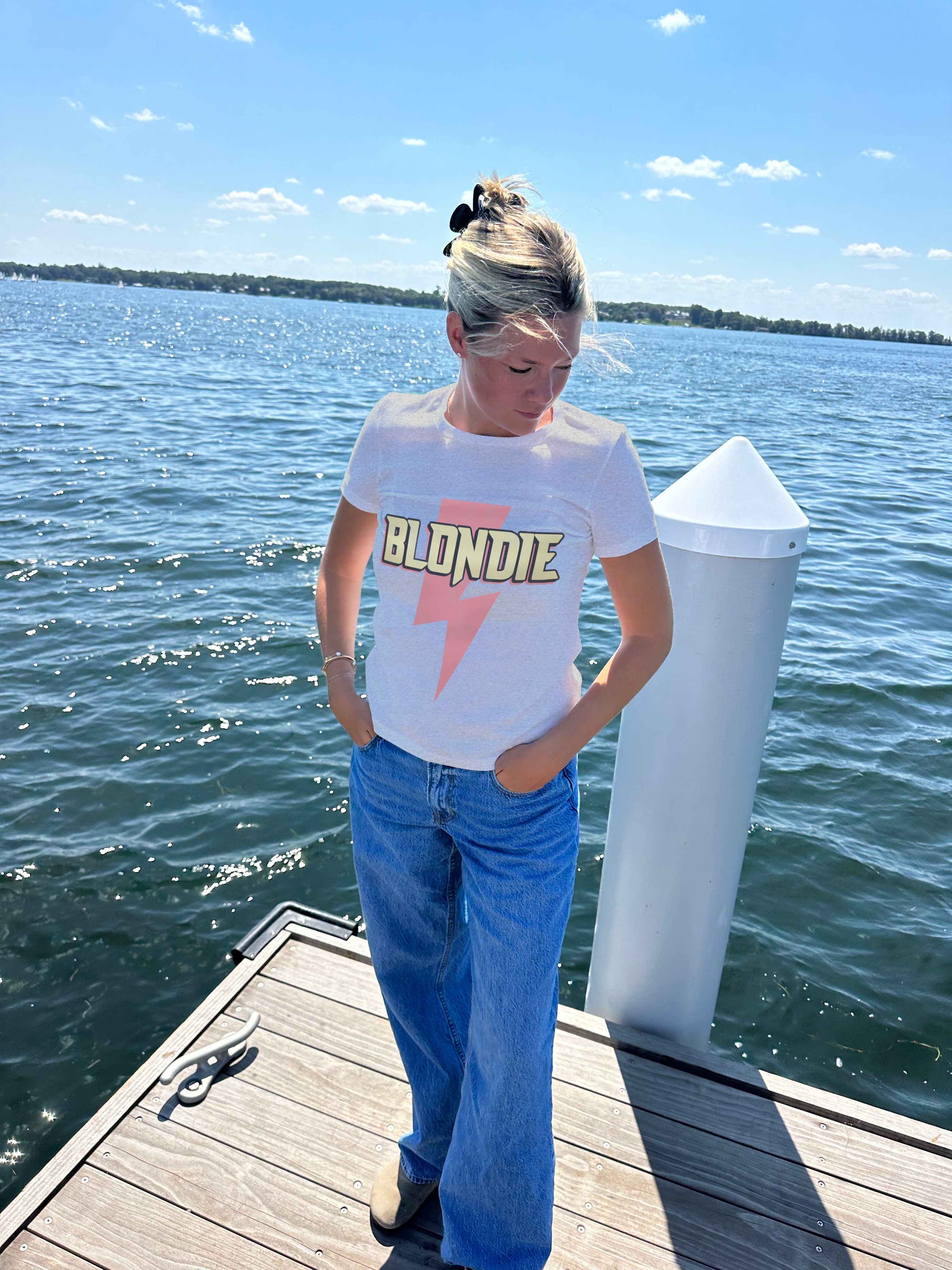 White "Blondie" Tee shirt for Women with pink lightning bolt