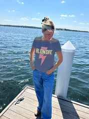 Grey blondie tshirt on woman with pink lightning bolt