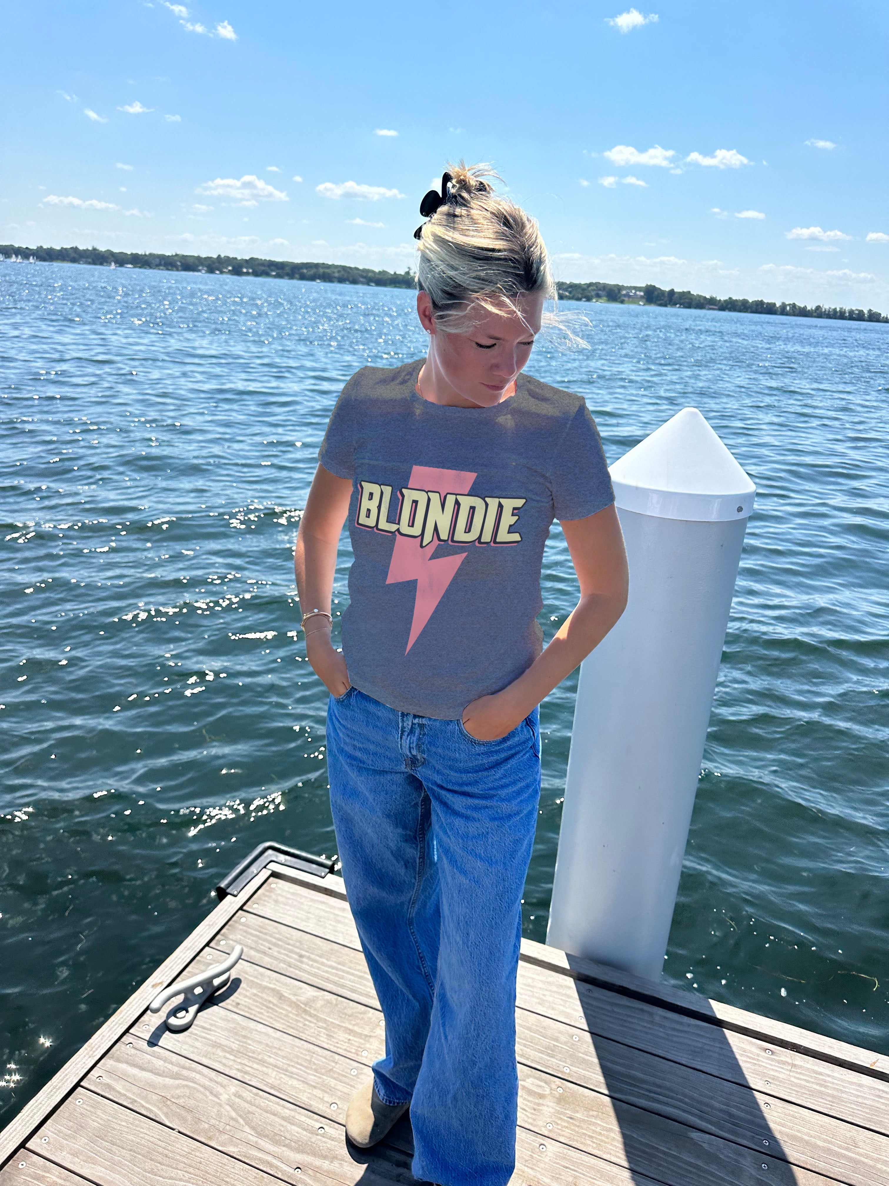 Grey blondie tshirt on woman with pink lightning bolt