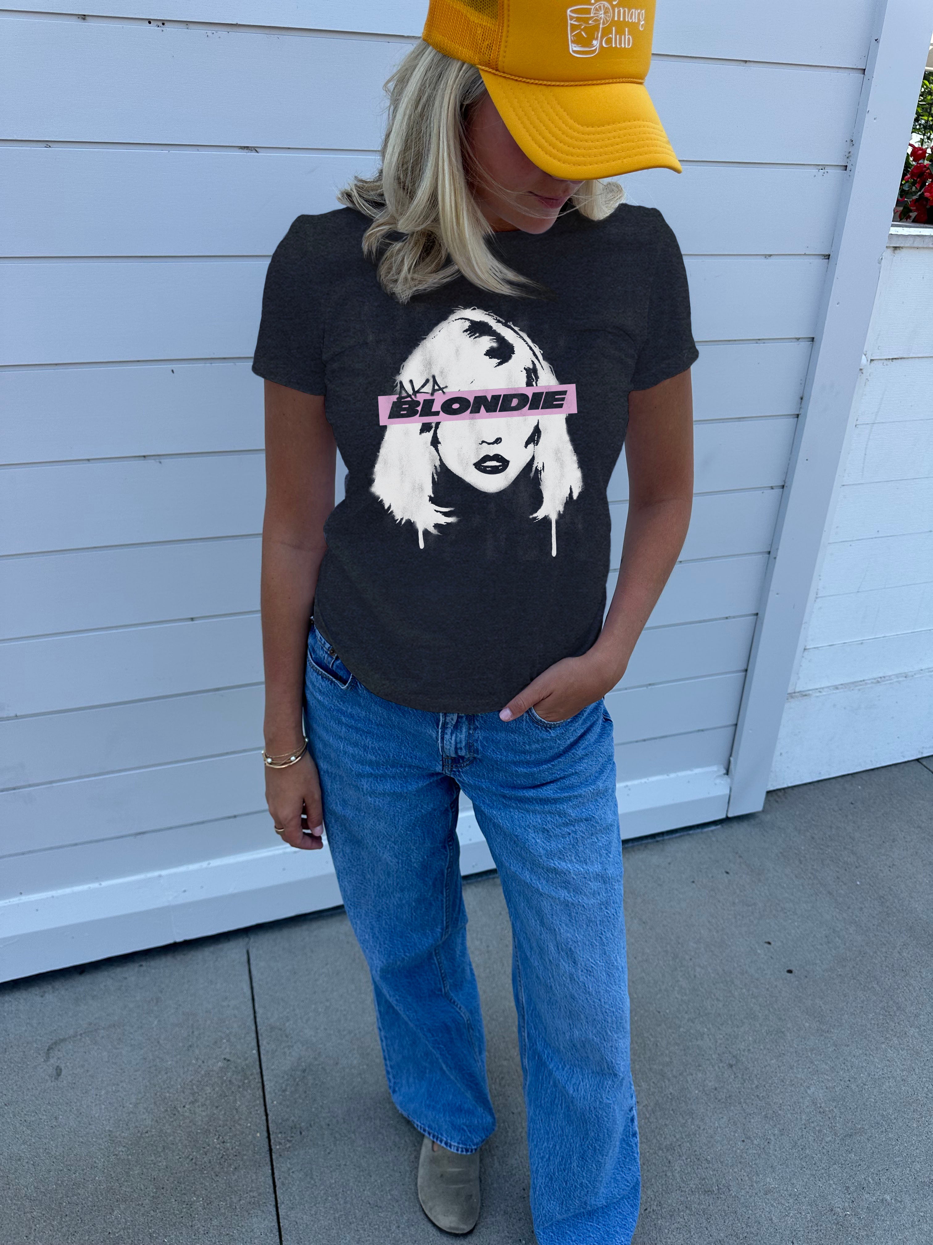 Black "Blondie" Tee shirt for Women with "Blondie" image and pink text that says "Blondie" over Eyes