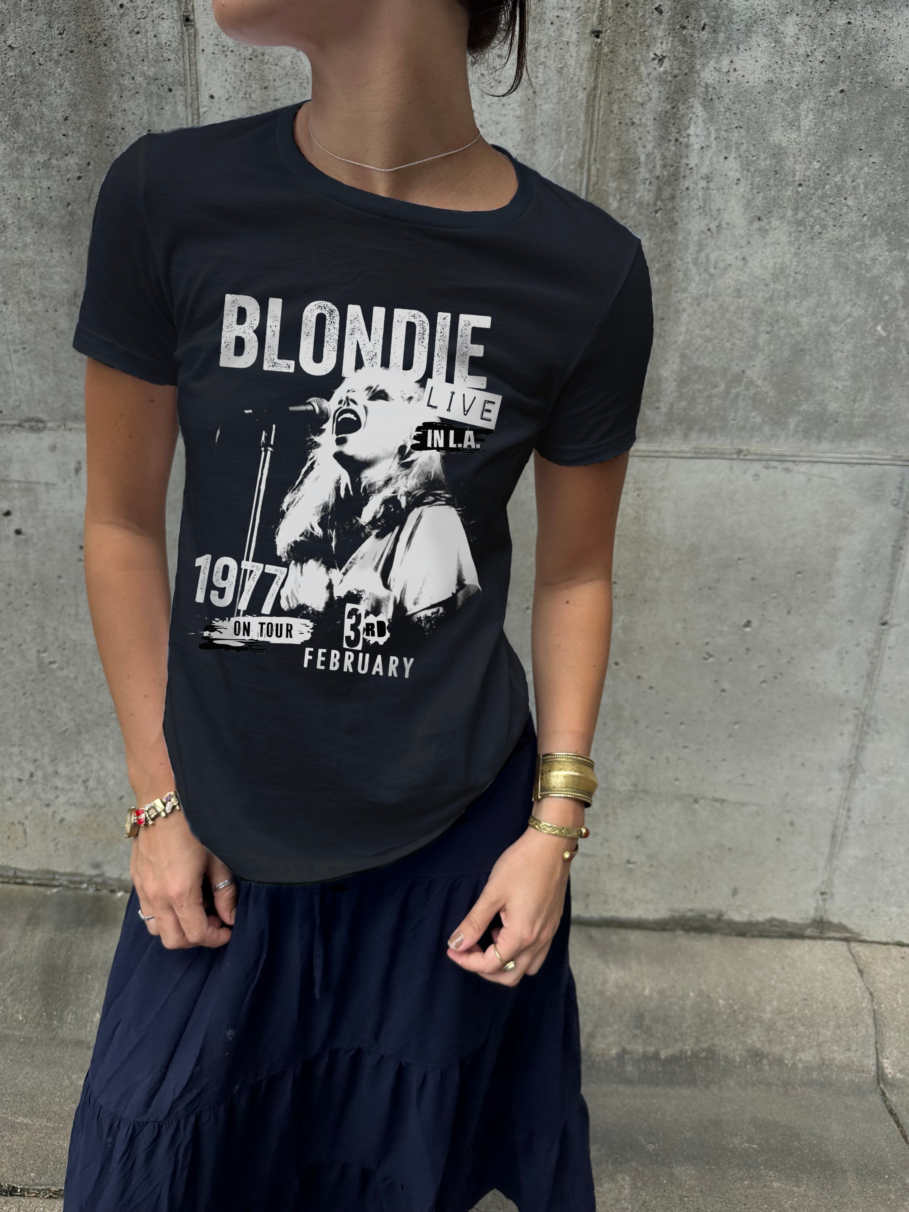 Black "Blondie" Tee shirt for Women with "Blondie" album cover and white text that says "Blondie"