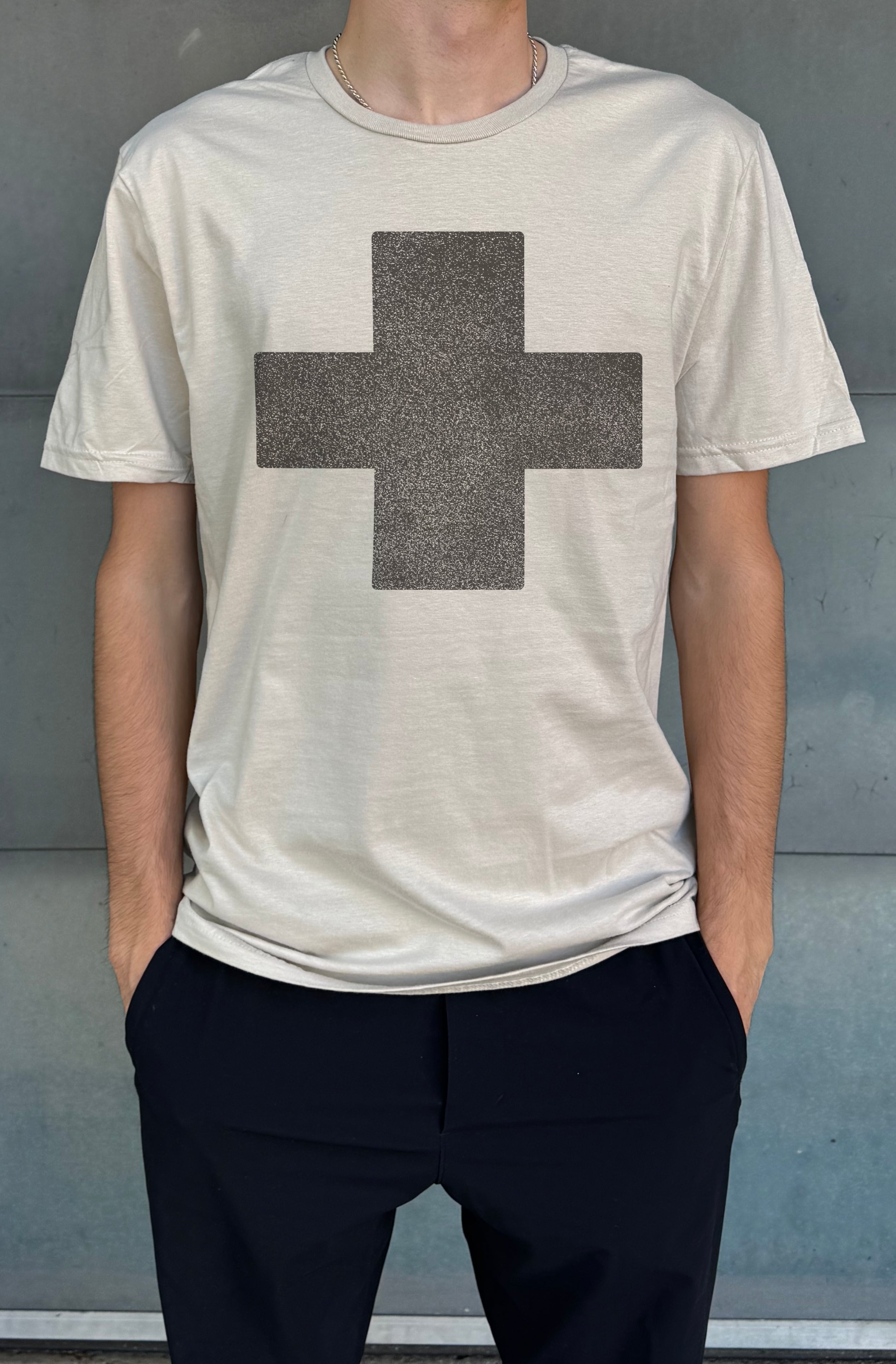 Men's sand-colored T-shirt with grey cross