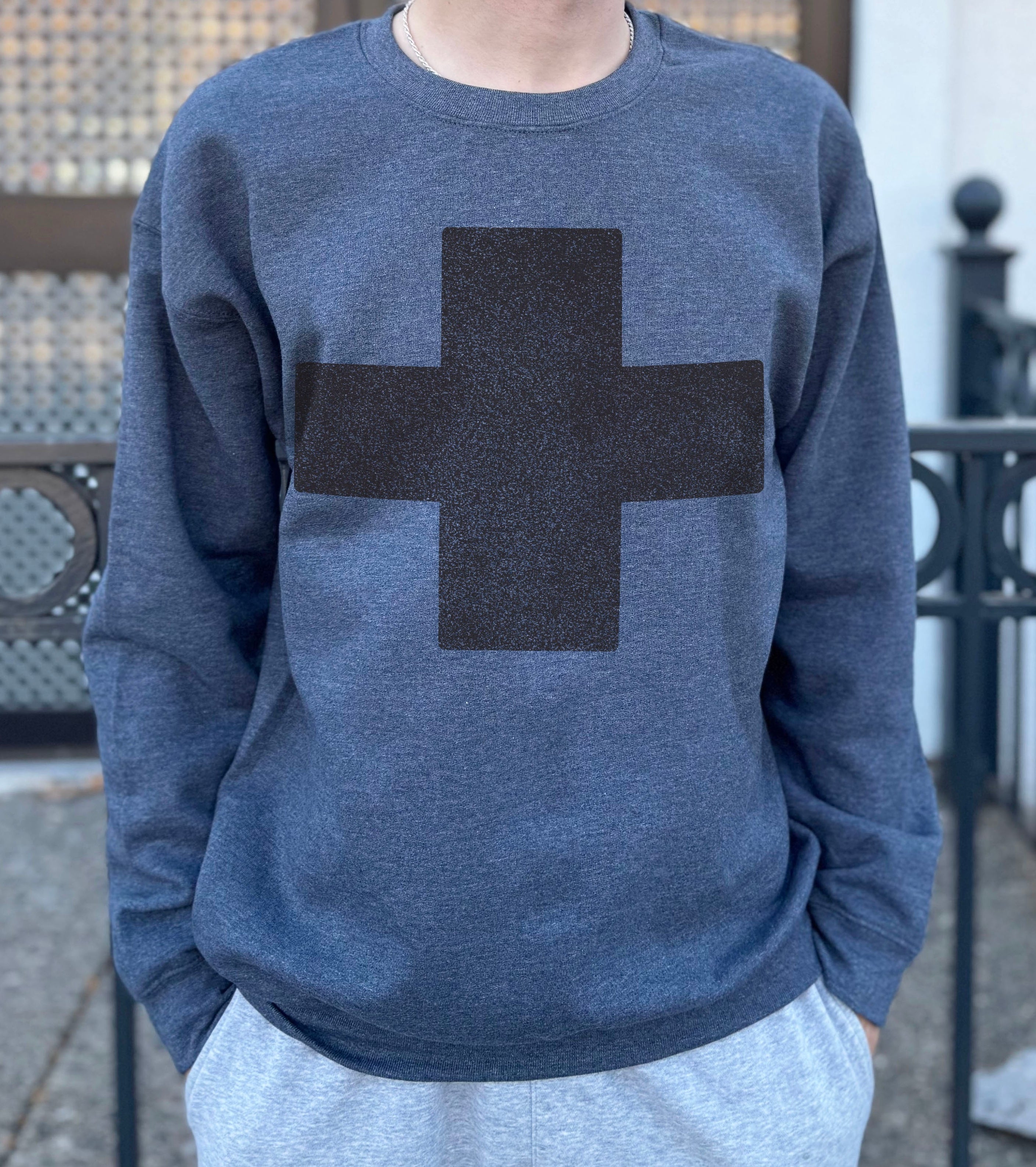 grey pullover with a black cross for men