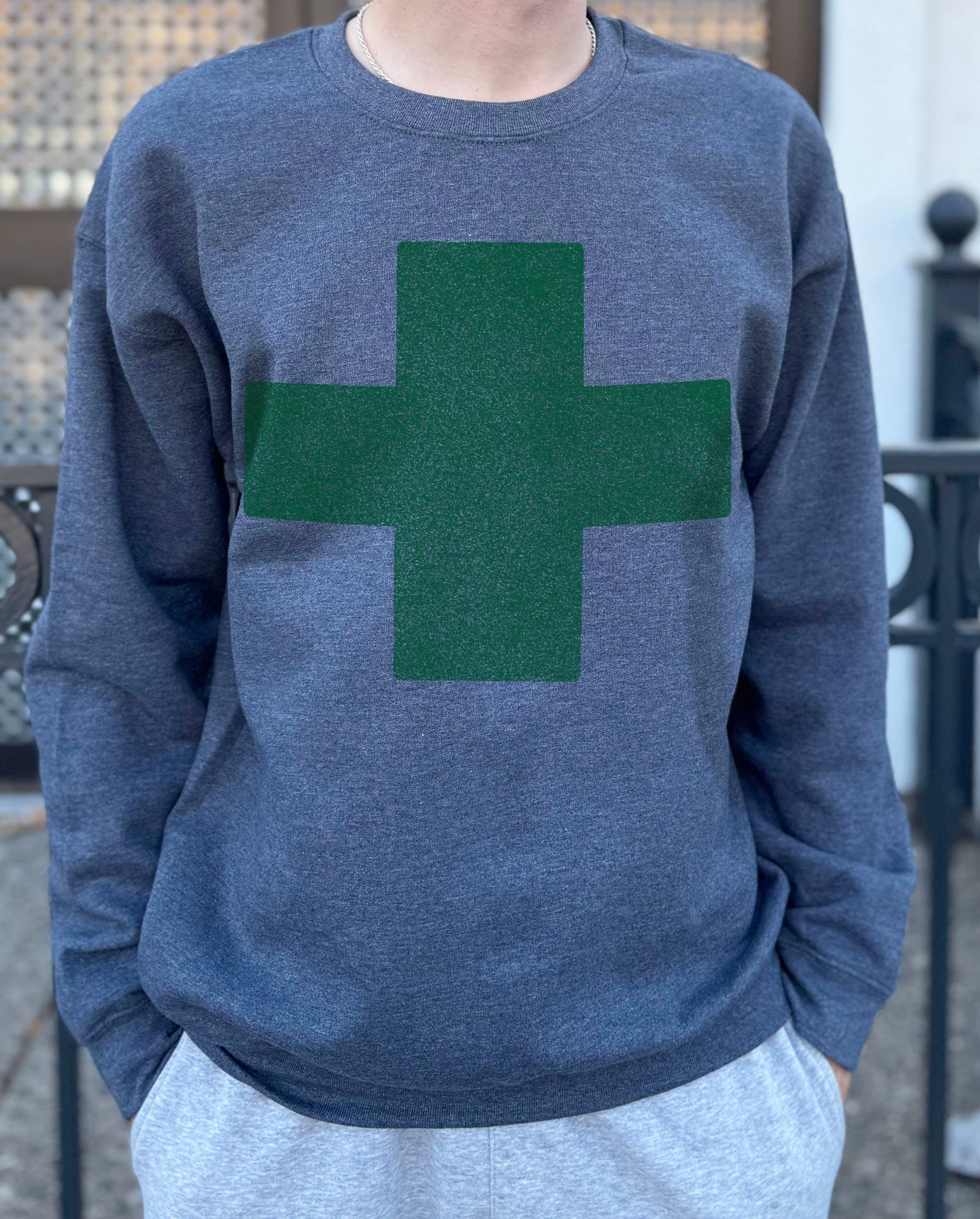grey pullover with a green cross for men
