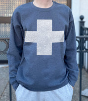 grey pullover with a sand colored cross for men