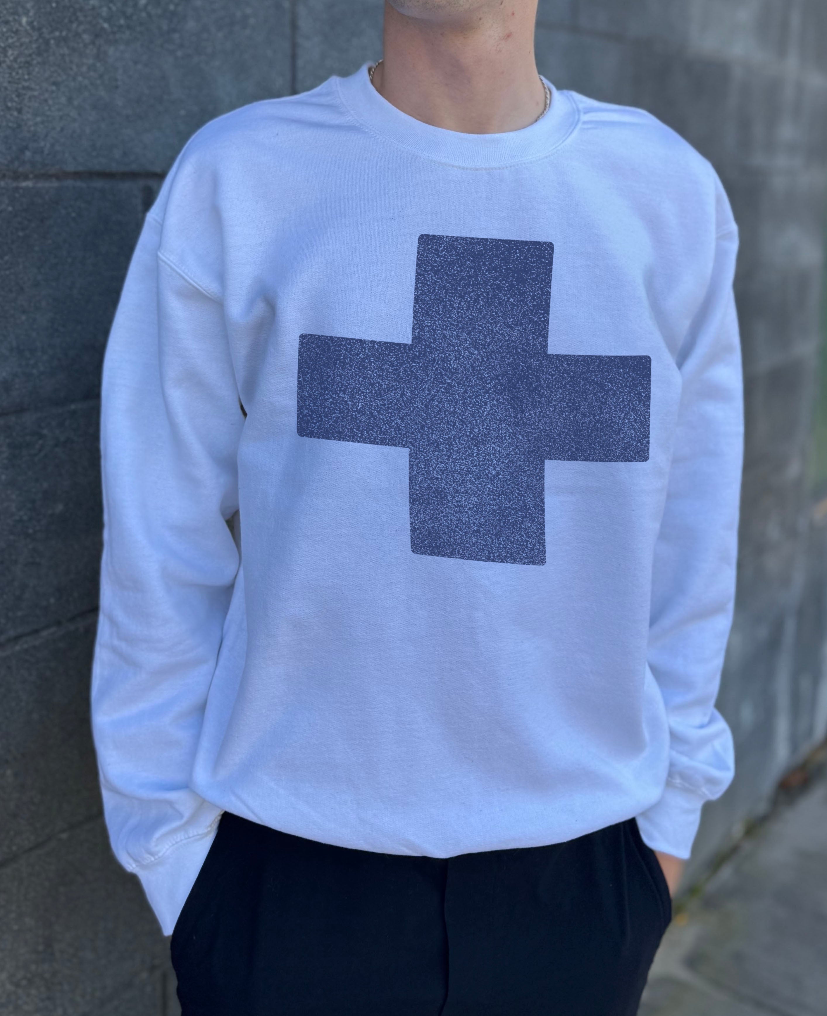 White pullover with a blue cross for men