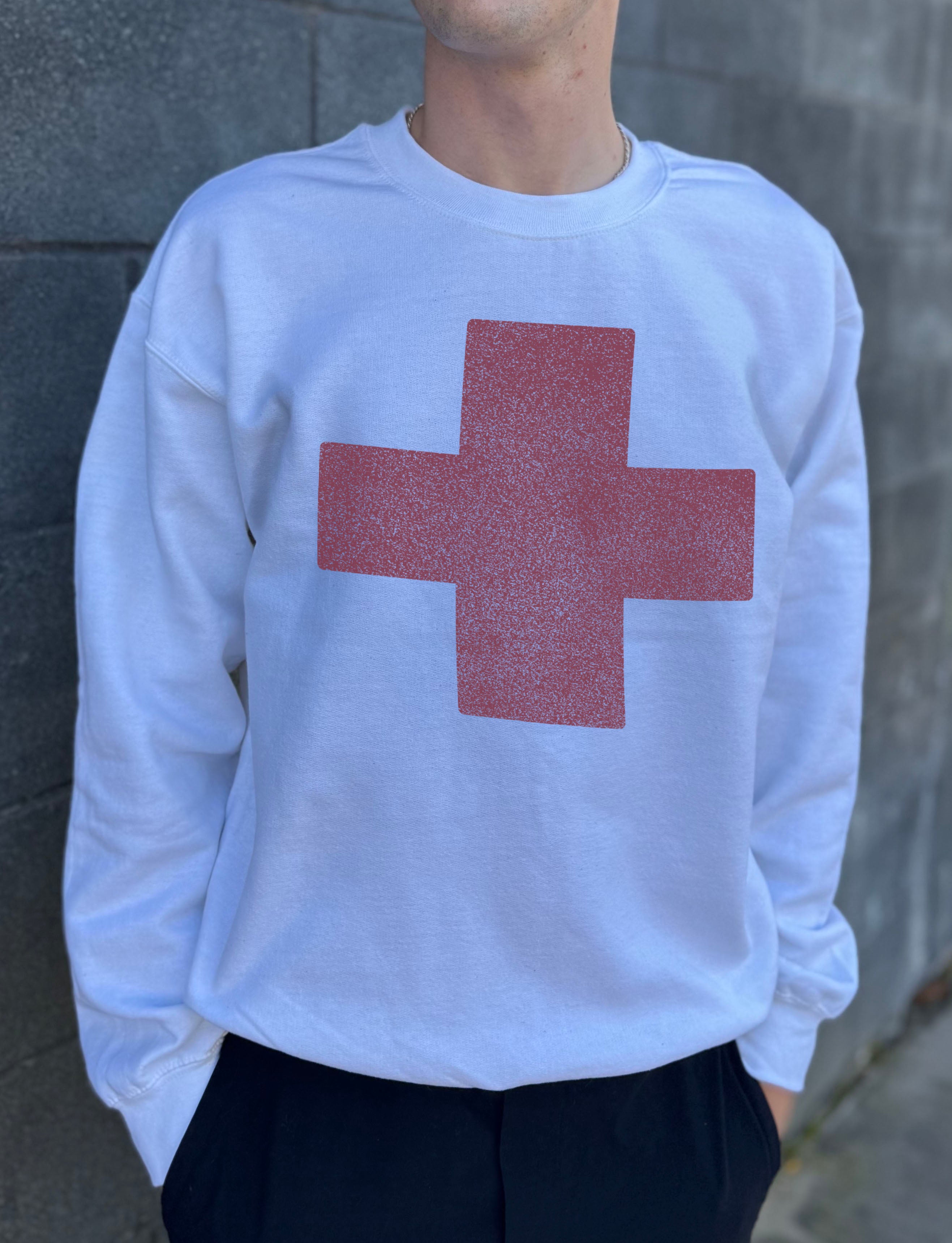 White pullover with a red cross for men - Life guard looking