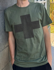 Men's dark green colored T-shirt with black cross