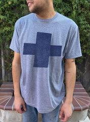 Men's heather colored T-shirt with blue cross