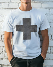 Men's white colored T-shirt with grey cross