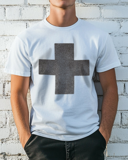 Men's white colored T-shirt with grey cross