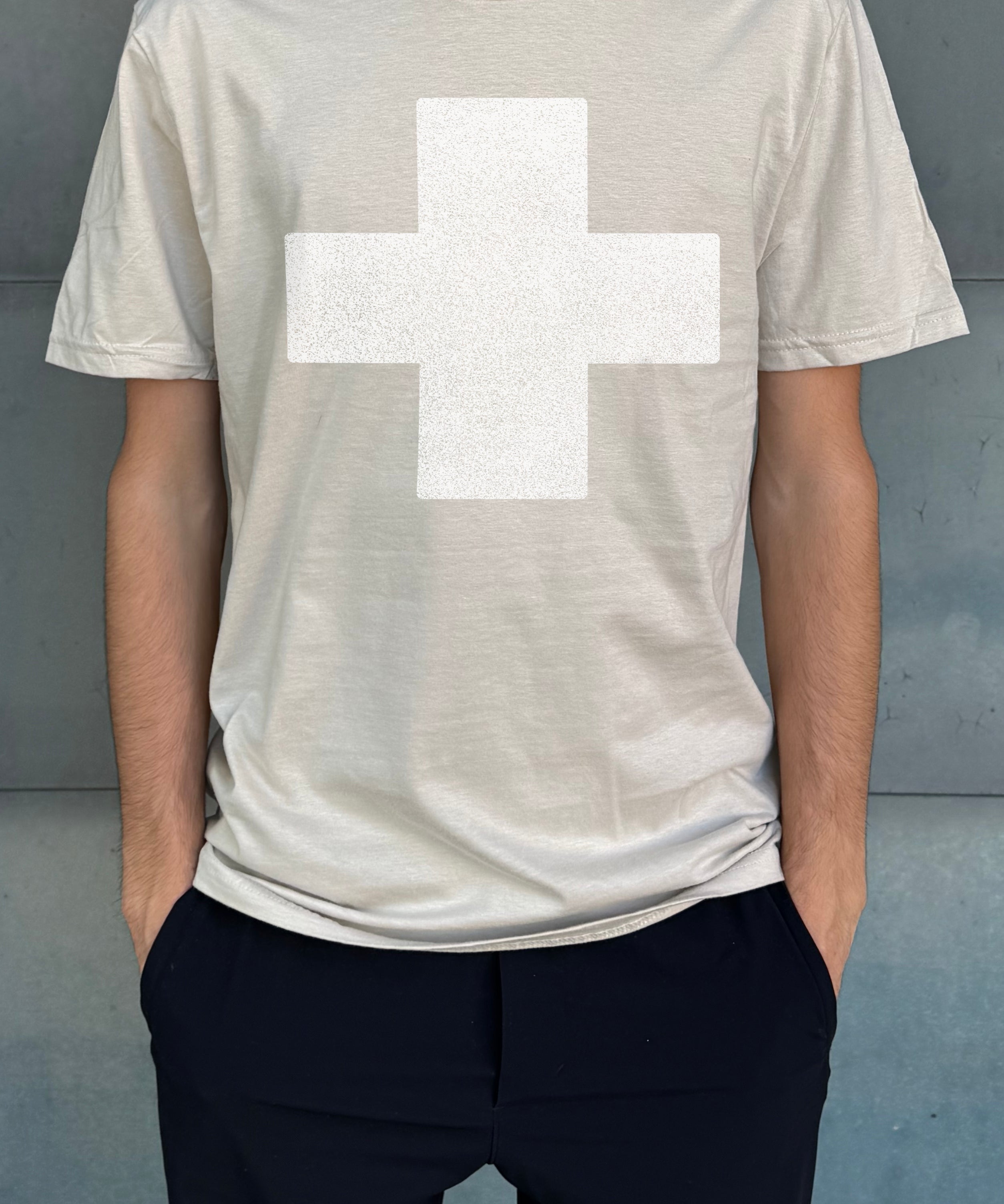 Men's sand colored T-shirt with white cross