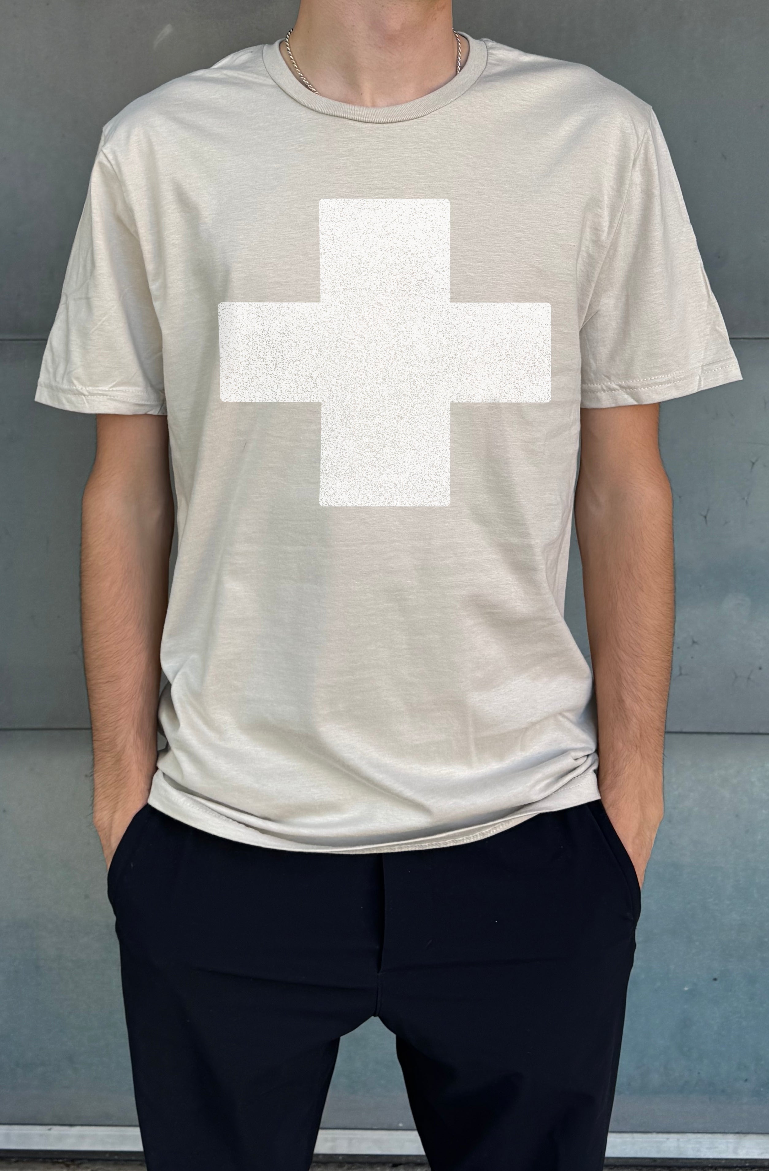 Men's sand colored T-shirt with white cross