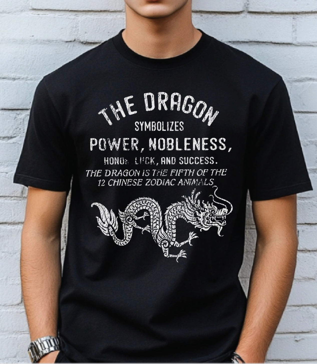 Boy's black t-shirt that says "The dragon symbolizes power and nobleness" in whitetext