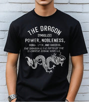 Boy's black t-shirt that says "The dragon symbolizes power and nobleness" in whitetext