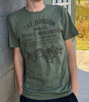 Boy's army green t-shirt that says "The dragon symbolizes power and nobleness" in grey text