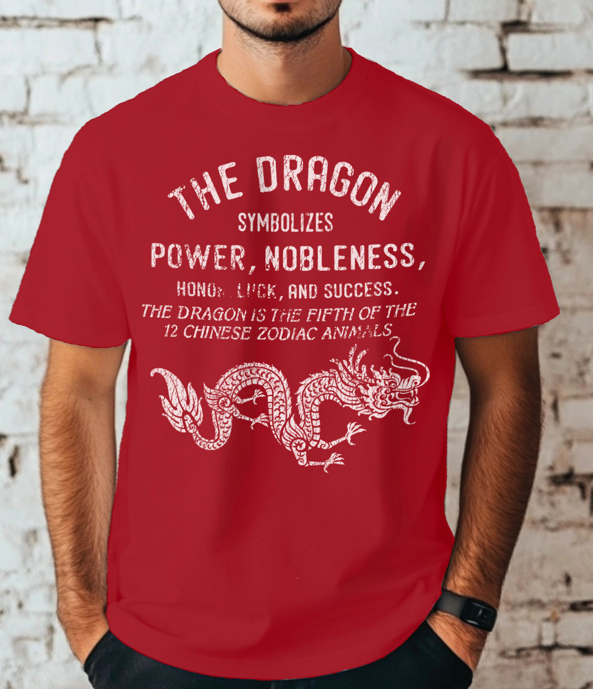 Boy's redt-shirt that says "The dragon symbolizes power and nobleness" in white text