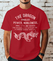 Boy's redt-shirt that says "The dragon symbolizes power and nobleness" in white text