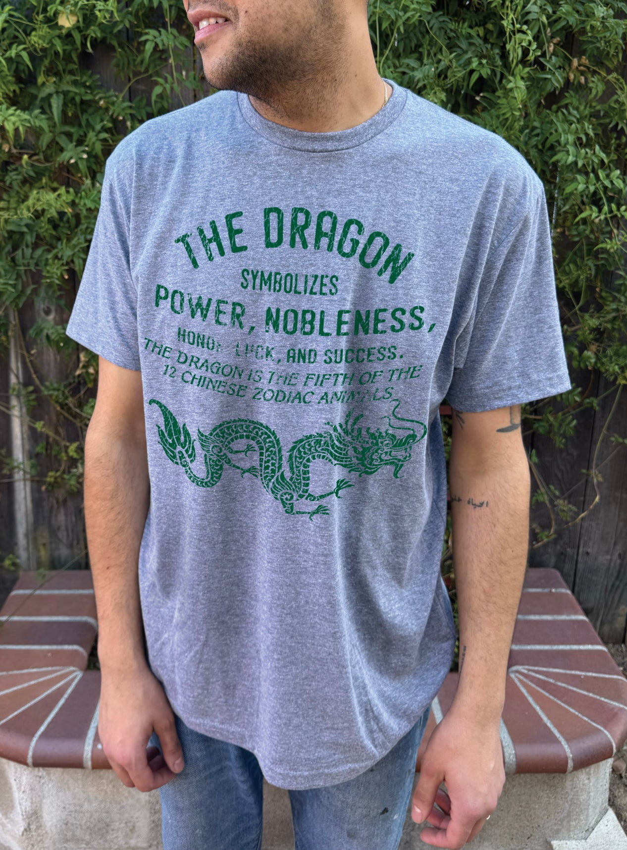 Grey tshirt with dragon zodiac and green text