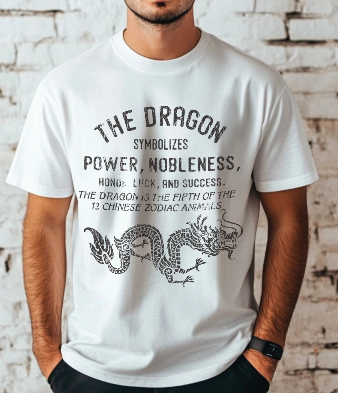 "The dragon symbolizes power & Nobleness" t-shirt in white with bray / black lettering