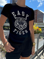 Easy tiger black tee in gray font with a tiger