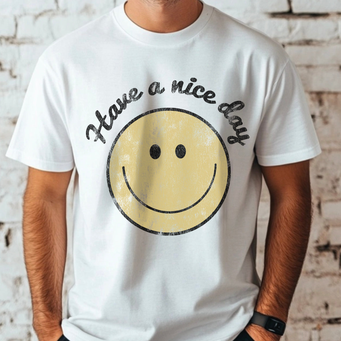 White mens tshirt that says "Have a nice day" with a smiling face