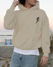 Sand colored hoodie with grey lightning bolt for men