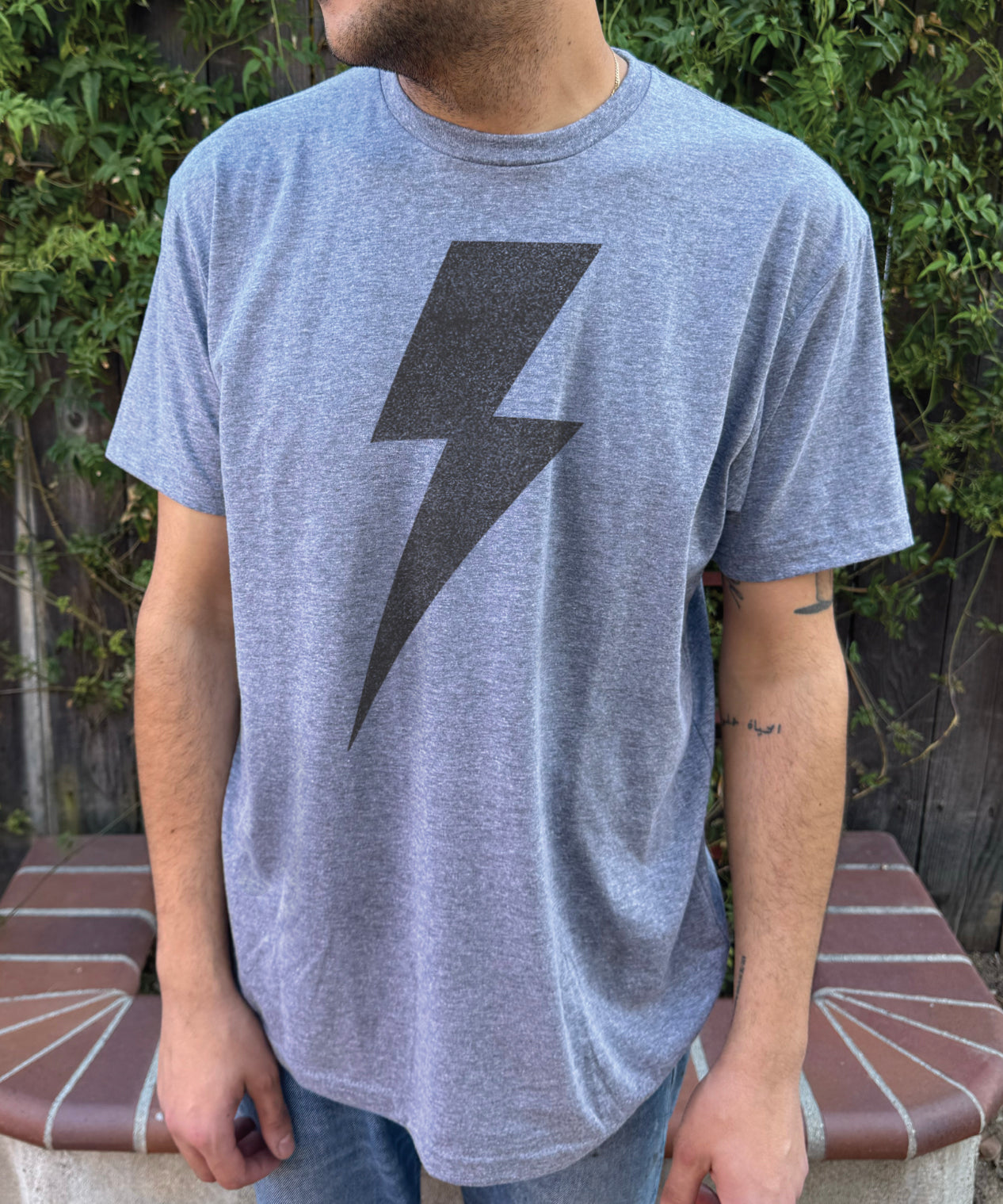 The boy's blue tee shirt with a grey lightning bolt symbol on the front