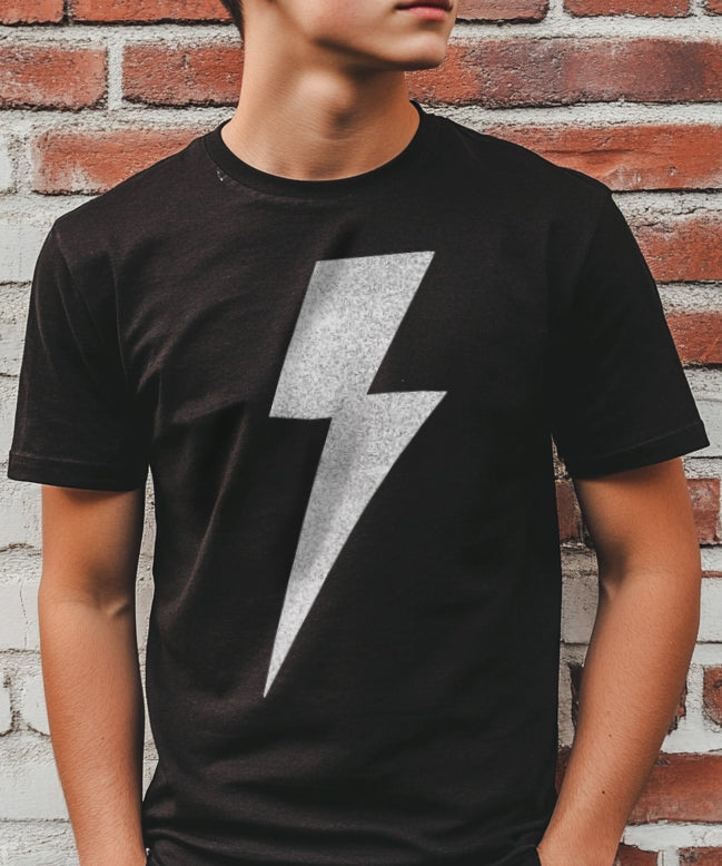 Boys black tee shirt with a white lightning bolt symbol on the front