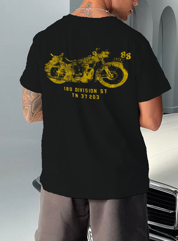 men's black motorcycle shirt with a gold motorcycle print