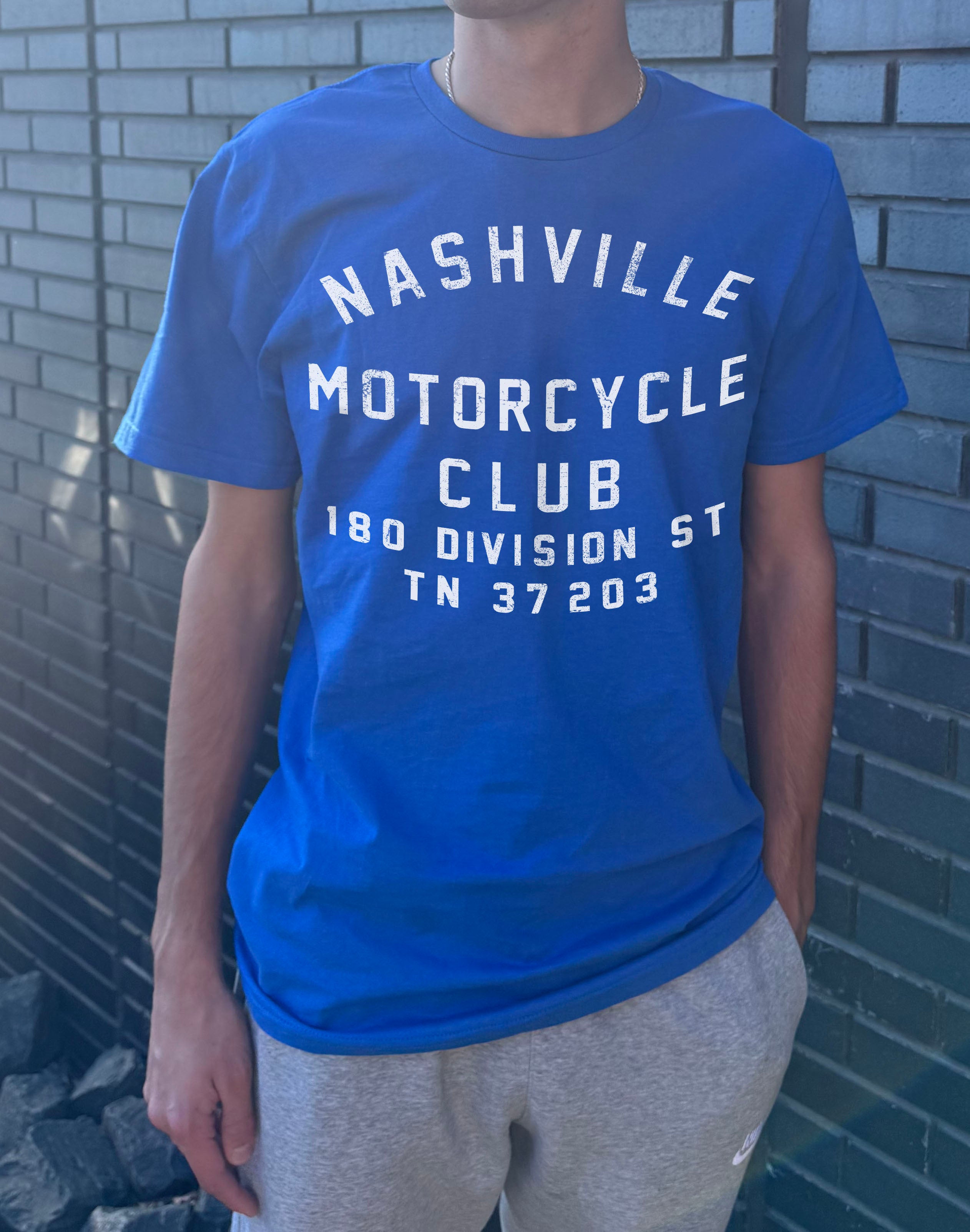 men's blue "Nashville motorcycle Club" shirt with white font