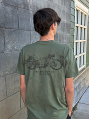 men's green motorcycle shirt with a black/gray motorcycle print