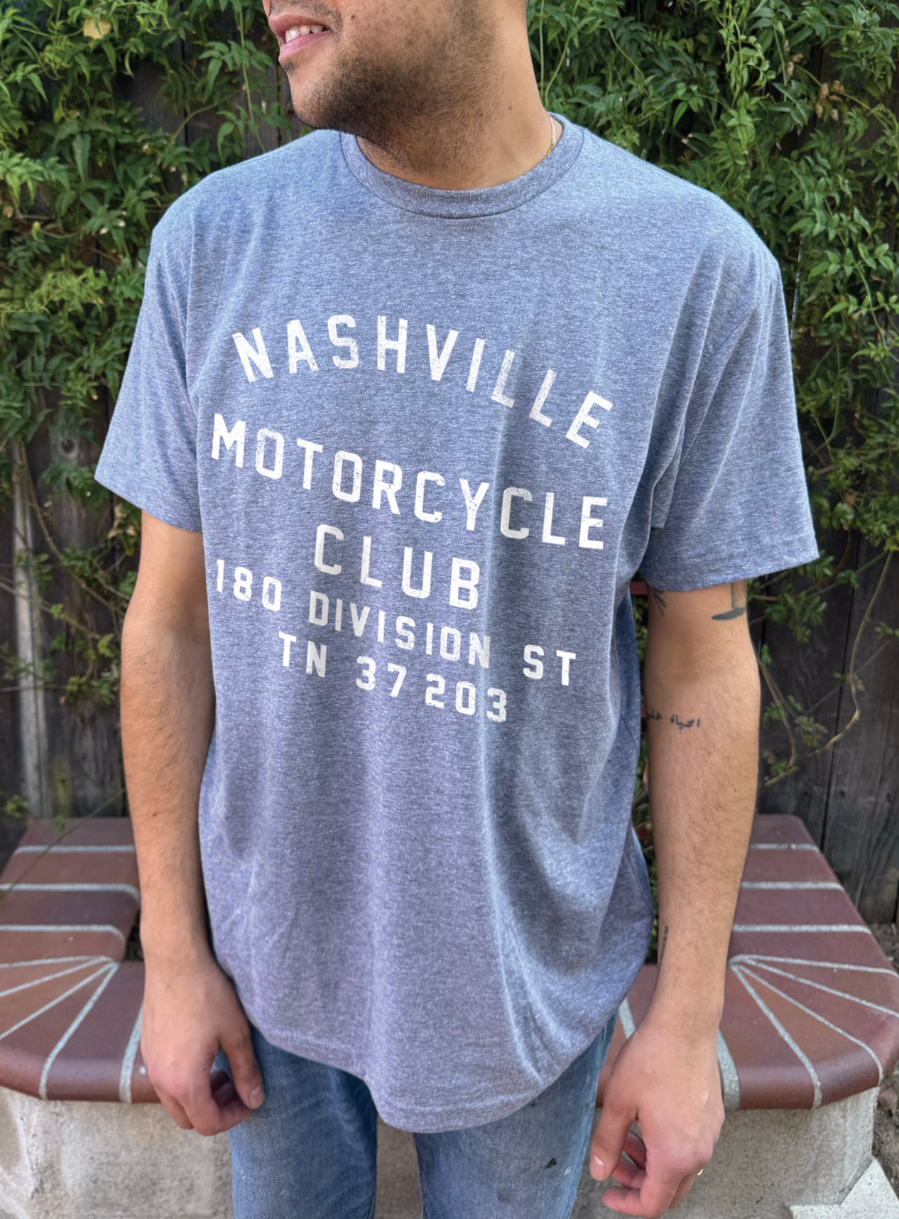 men's blue "Nashville motorcycle Club" shirt with white font