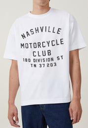 men's white "Nashville motorcycle Club" shirt with black font