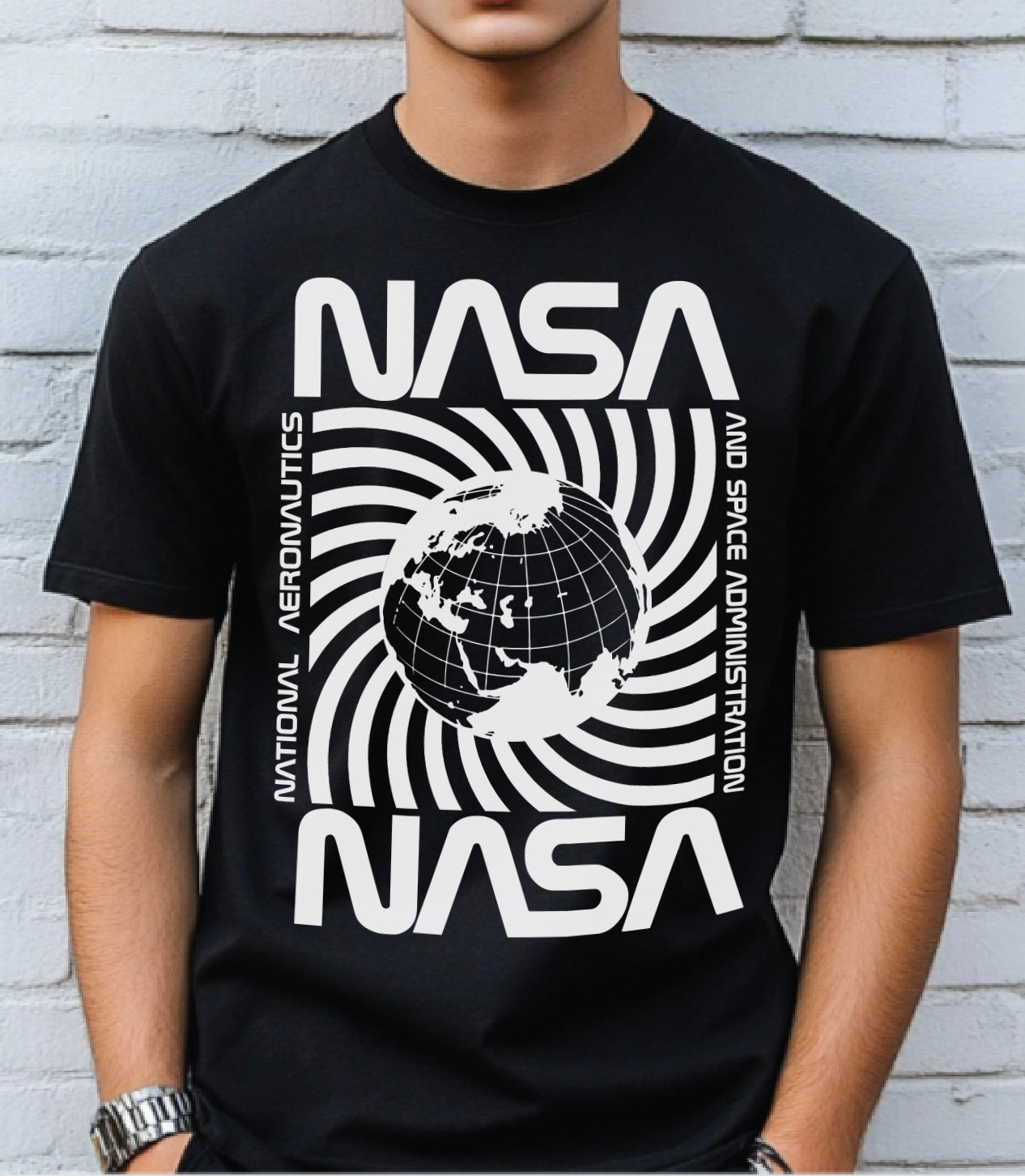 Black "NASA" T-shirt with white spinning planet graphic in the center