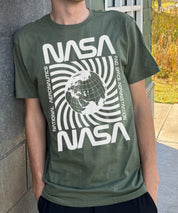 Green "NASA" T-shirt with white spinning planet graphic in the center