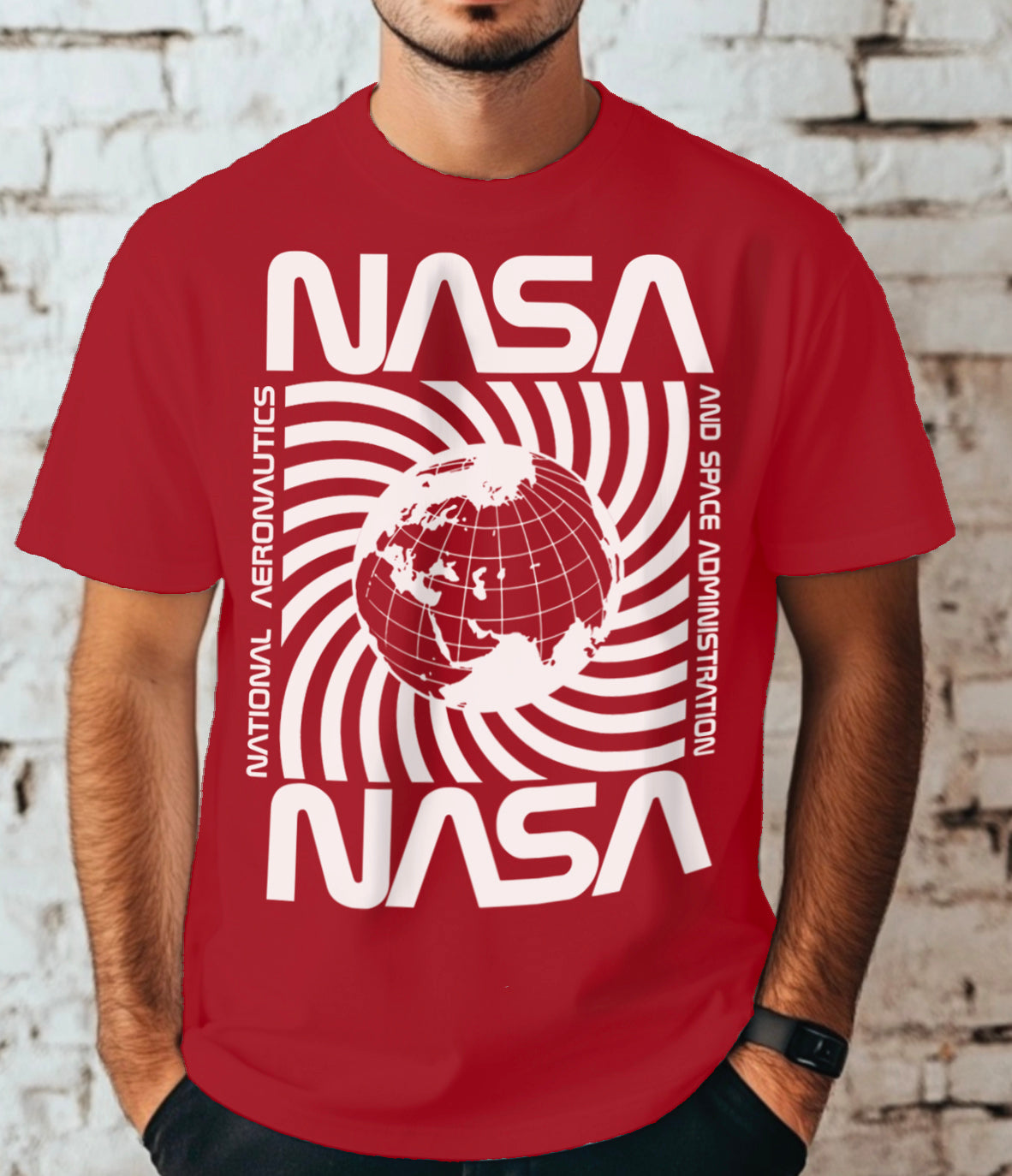 Red "NASA" T-shirt with white spinning planet graphic in the center