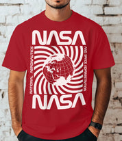Red "NASA" T-shirt with white spinning planet graphic in the center
